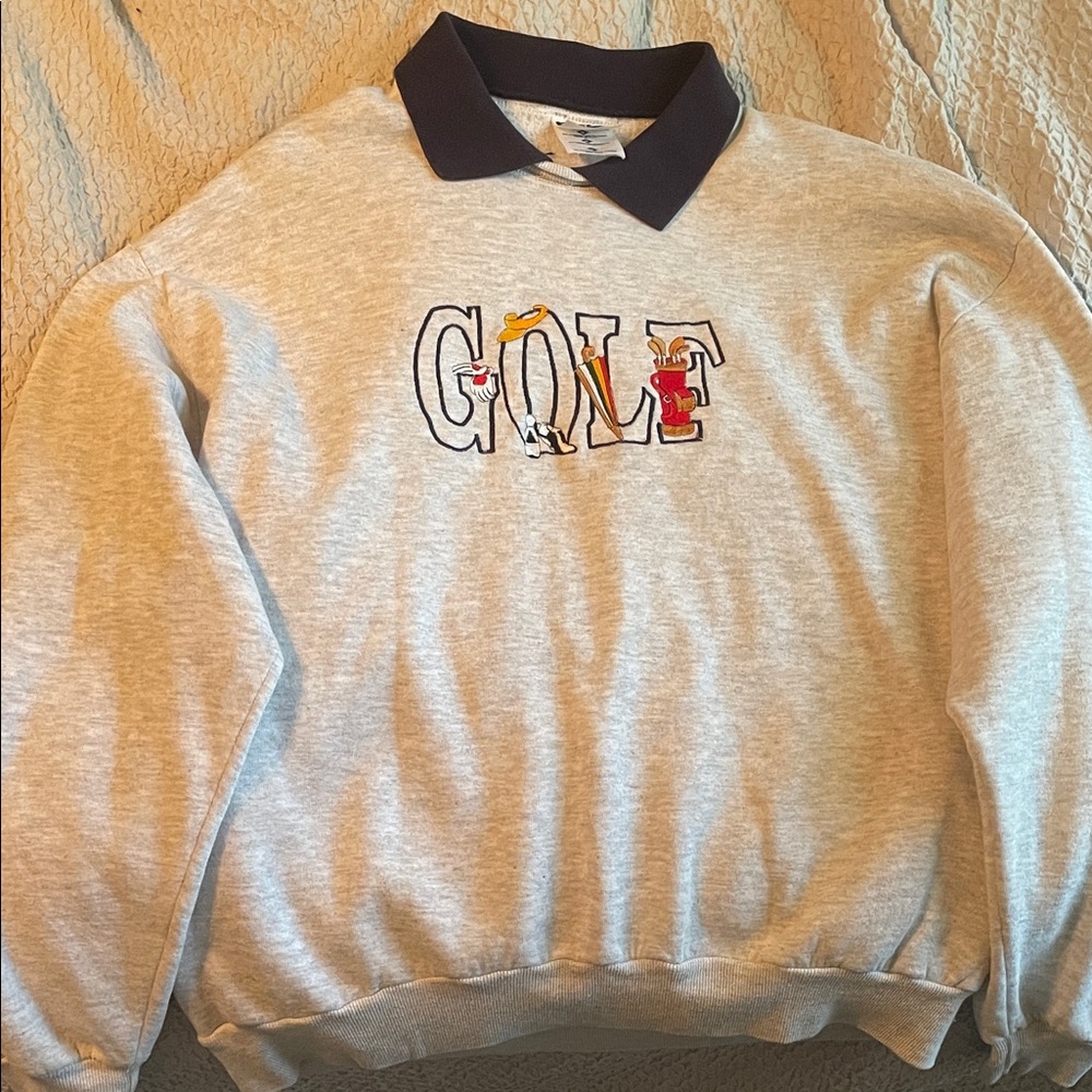 Gray Golf Sweater with Navy Blue Collar
